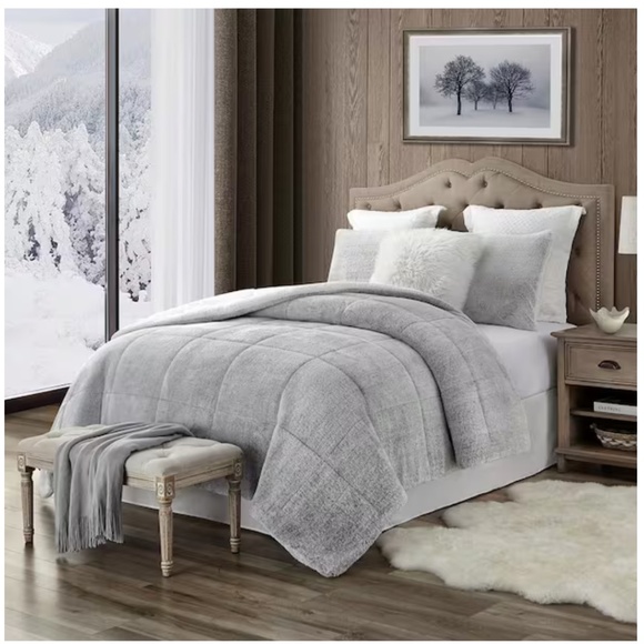 Premium Ultra-Soft 3-Piece Grey Faux Fur Reverse to Sherpa King/California King - Picture 2 of 3